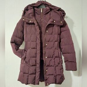 COLE HAAN Womens Merlot Taffeta Hooded Down Puffer Coat Elasticated Waist Size S